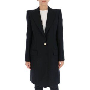 Balmain Golden Crest Button Black Wool Overcoat